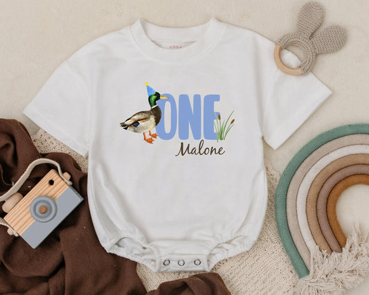 Personalized ONE Malone Mallard Duck First Birthday Romper for Baby Boy Cute Animal Themed Soft Cotton Outfit Party Celebration Gift Idea