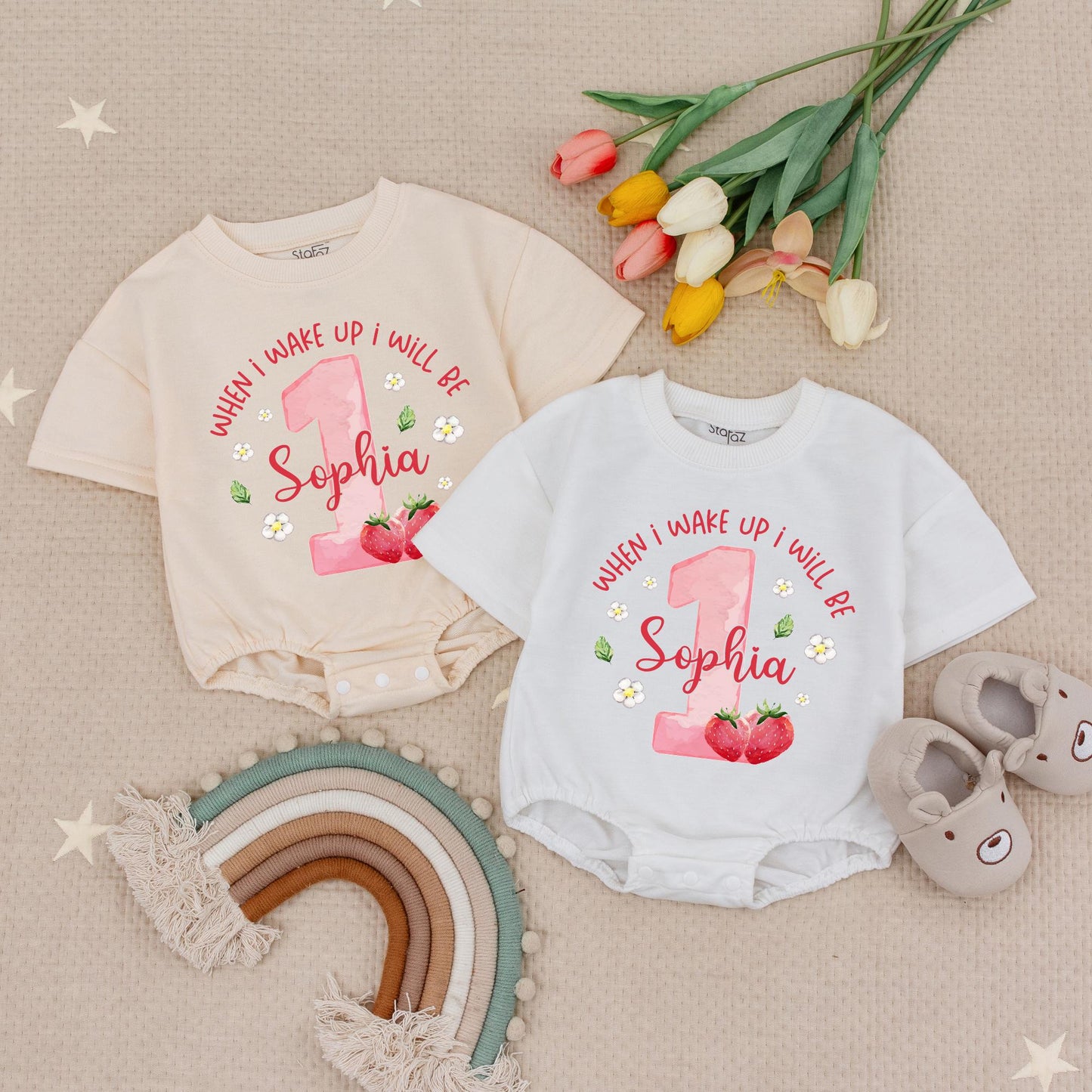 Sophia is One! Pink Strawberry 1st Birthday Romper, Whimsical Baby Girl Outfit with Flowers & Leaves, Cute Berry First Birthday Bodysuit, Size 1, Adorable