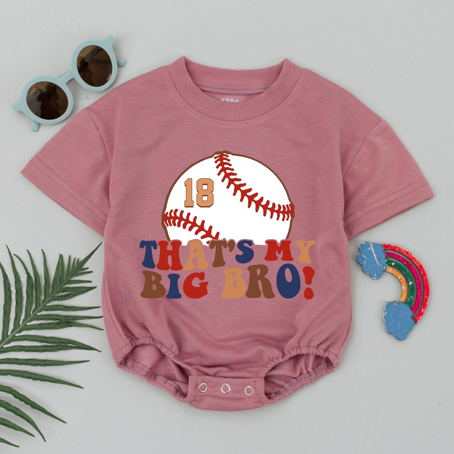 That's My Big Bro Baseball Romper - Custom Number 18 Baby Bodysuit Vintage Sports Outfit, Playful Red, Brown, Navy Infant Gift, Game Day Clothes