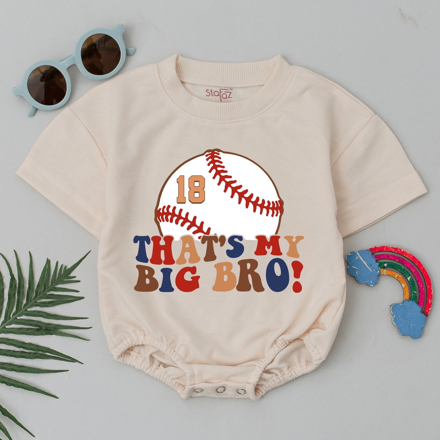 That's My Big Bro Baseball Romper - Custom Number 18 Baby Bodysuit Vintage Sports Outfit, Playful Red, Brown, Navy Infant Gift, Game Day Clothes
