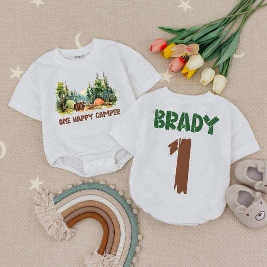Personalized One Happy Camper Baby Romper Camping First Birthday Boy Outfit with Name and Number Outdoorsy Playful Woodland Design