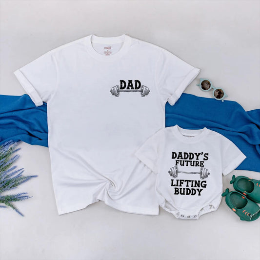 Matching Dad and Baby Lifting Buddy Shirts Father's Day Gift Gym Workout Tees for Daddy and Son Custom Weightlifting Bodysuit Barbell Graphic