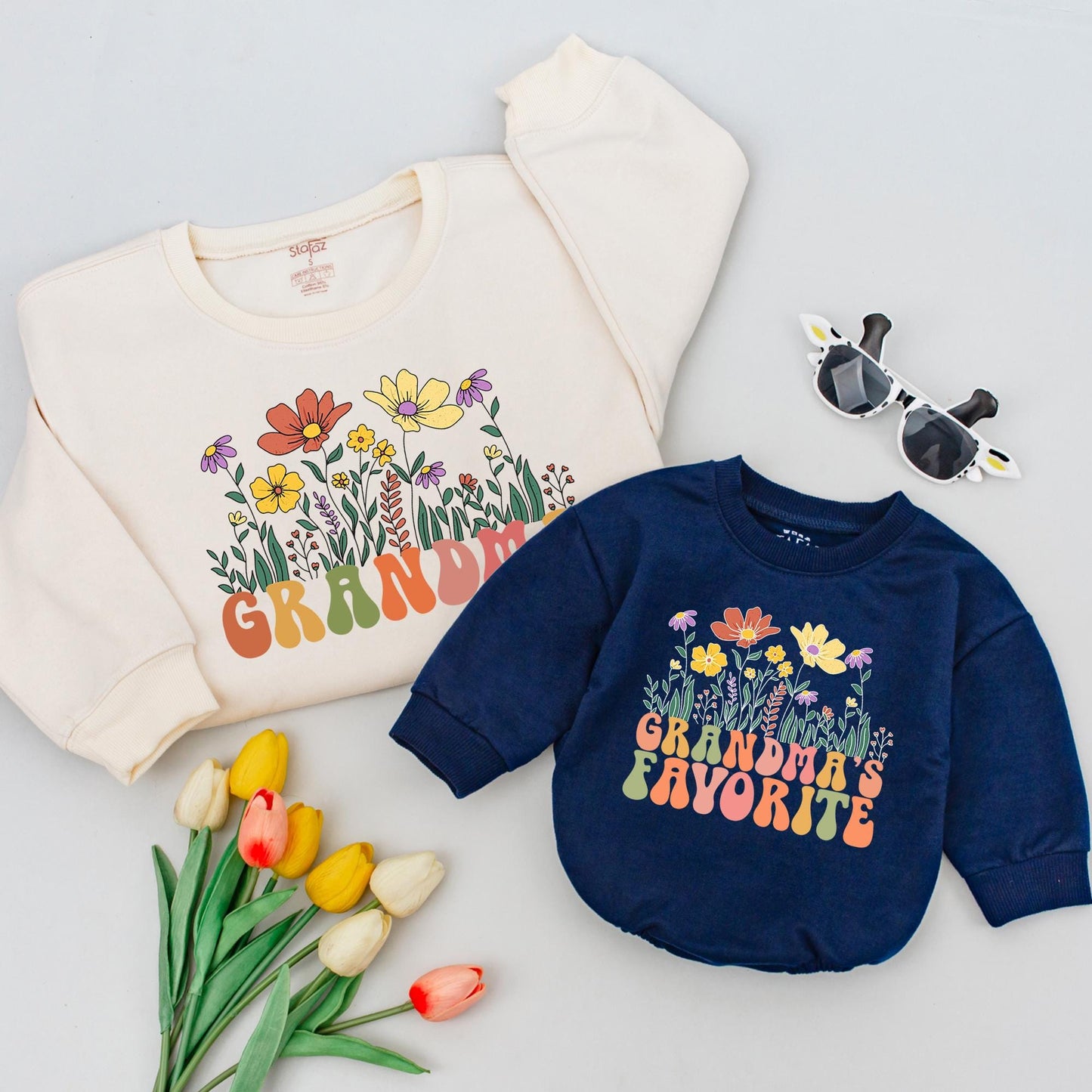 Personalized Grandma & Me Flower Sweatshirt Custom Grandchild Gift for Grammy Cozy & Unique