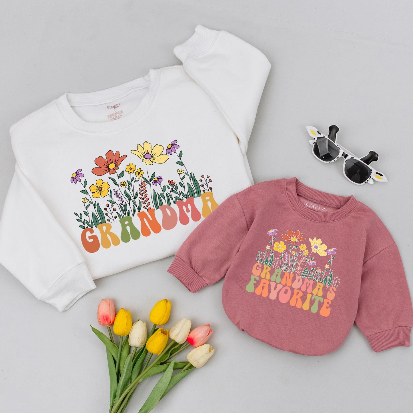 Personalized Grandma & Me Flower Sweatshirt Custom Grandchild Gift for Grammy Cozy & Unique