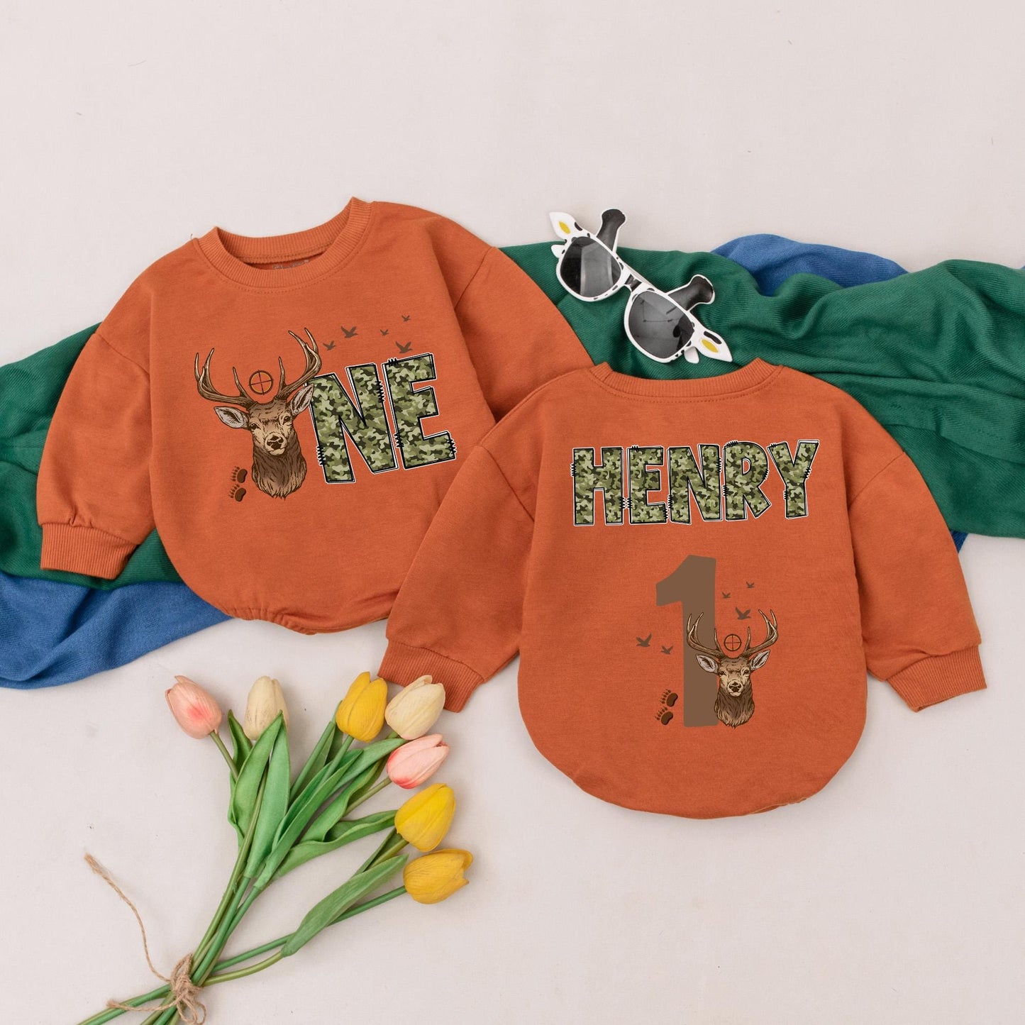 Custom Camo Baby Onesies, Wild One Deer Camo 1st Birthday Outfits, Personalized Camo Clothes, Woodland Animal Outfits