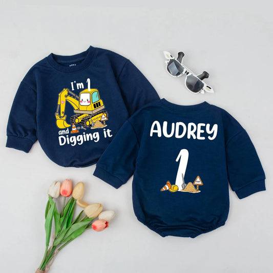 Digger Birthday Romper One Digging It Outfit Custom Name Gift Boy Toddler Excavator Clothes 1st Birthday