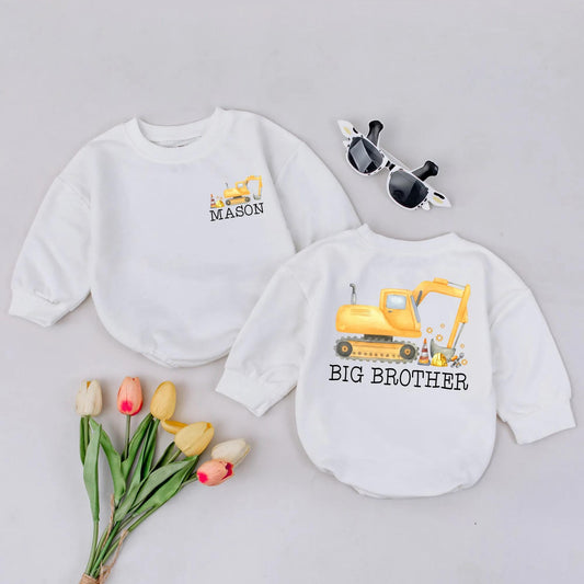 Custom Big Brother Excavator Romper Sweet Baby Boy Digger Outfit Toddler Excavator Sibling Gift Idea Yellow Construction Bubble