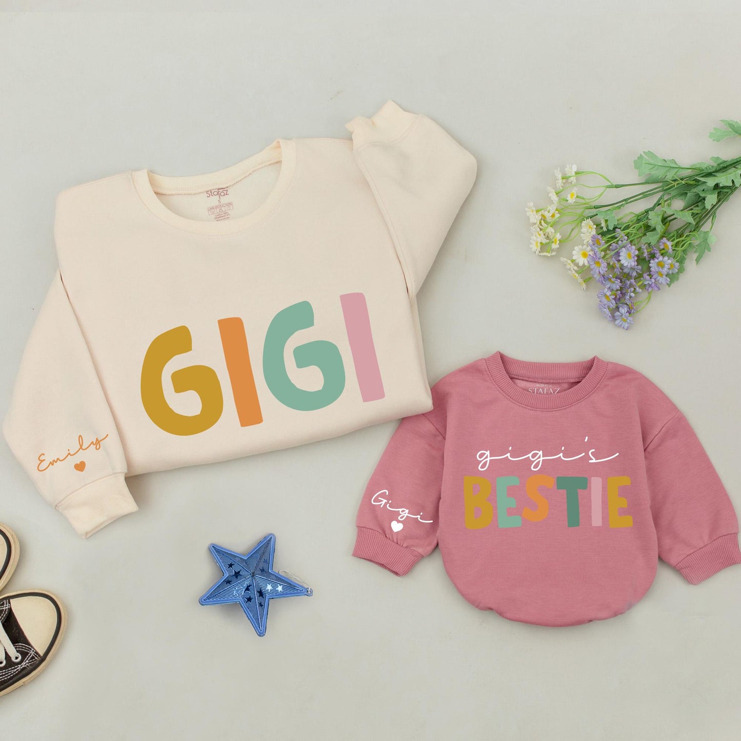 Personalized Gigi & Gigi's Bestie Sweatshirts, Baby Romper, New Grandma Gift, Custom Matching Family Outfit