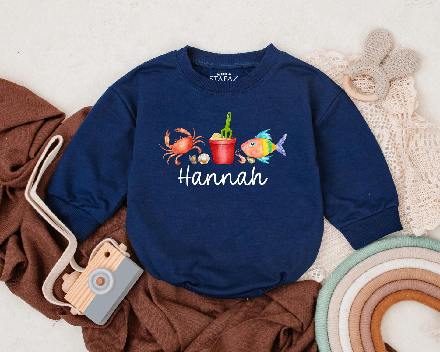 Personalized Crab & Fish Beach Bubble Romper for Baby Girl Summer Vacation Outfit Ocean Theme Custom Name Beachwear