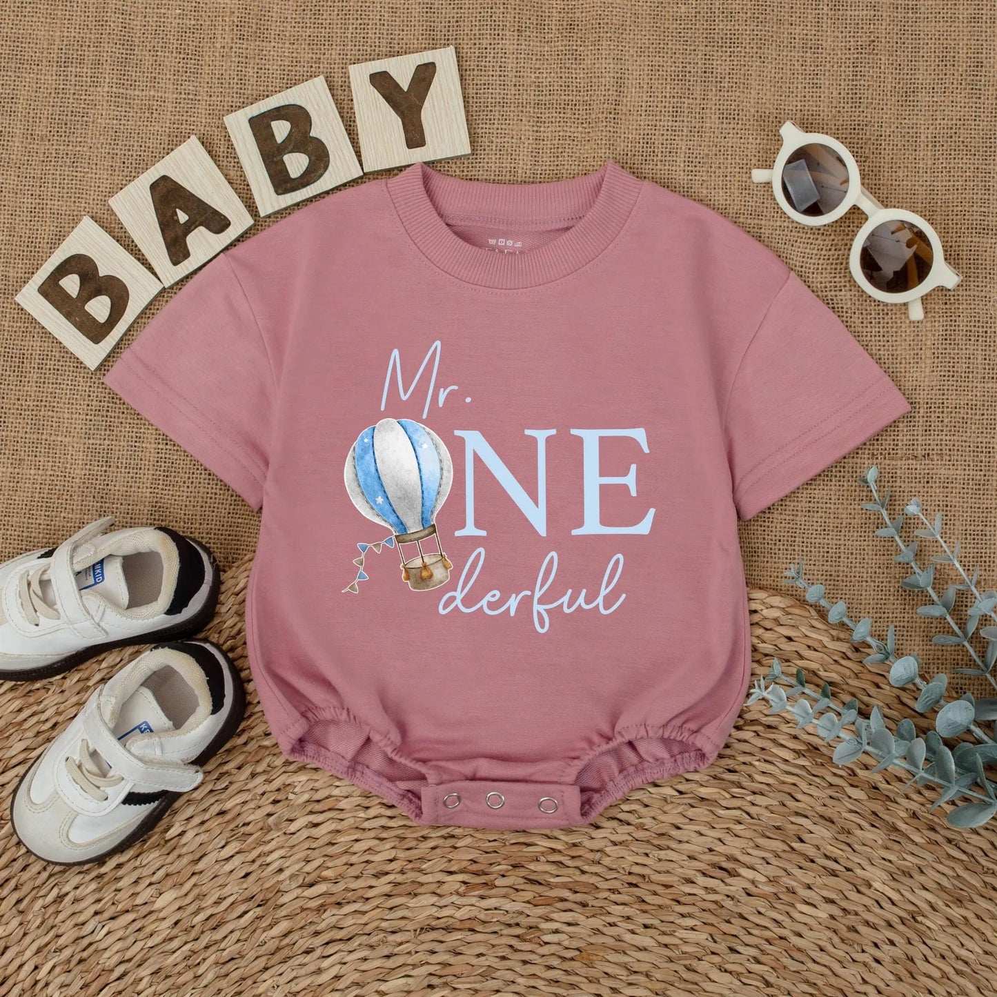Mr Onederful Hot Air Balloon Romper Custom First Birthday Boy Outfit Newborn Bubble Bodysuit One Year Old Gift