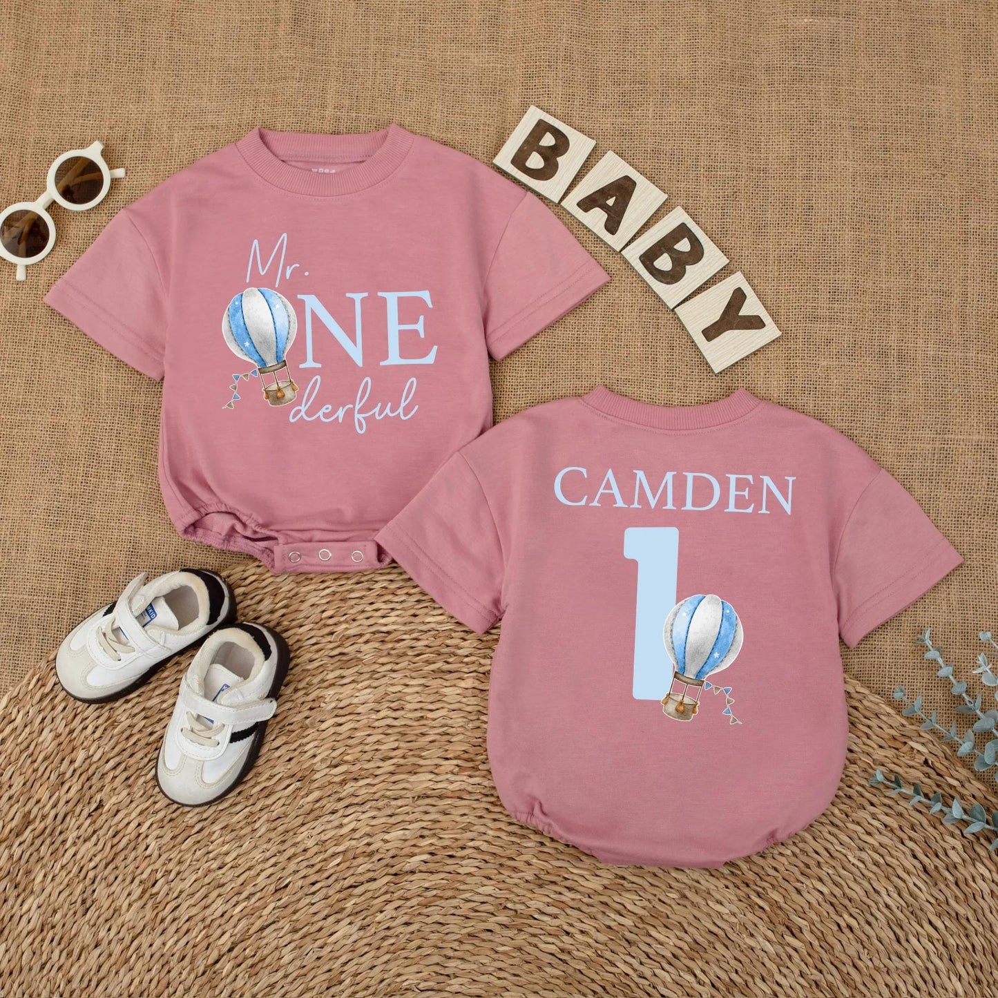 Mr Onederful Hot Air Balloon Romper Custom First Birthday Boy Outfit Newborn Bubble Bodysuit One Year Old Gift