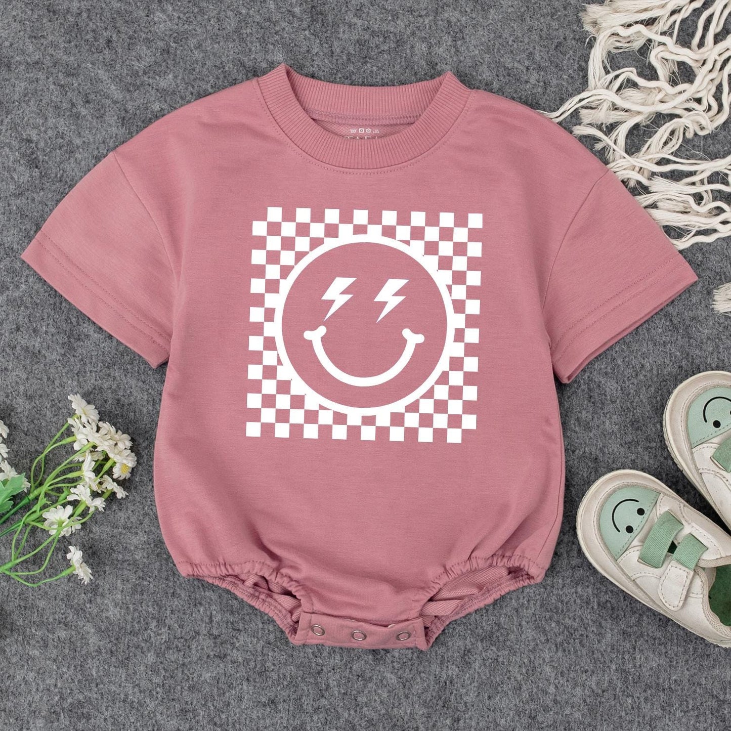 Retro Smiley Baby Romper Checkered Fun! Grandbaby Bodysuit Vintage Newborn Bubble Romper Announcement Gift Lightning Bolt Eyes Playful 1960s Style