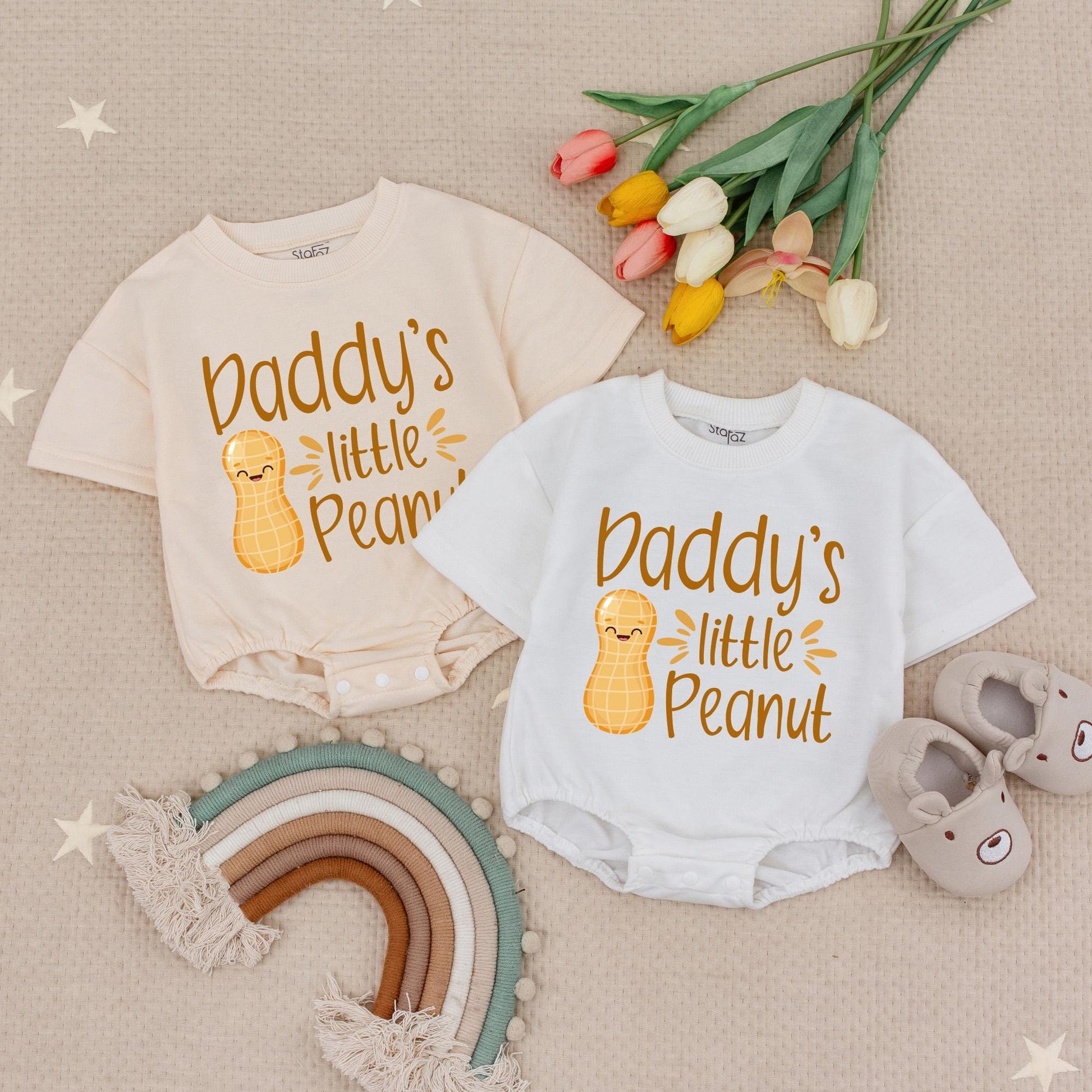 Daddy's Little Peanut Baby Romper Bodysuit New Dad Outfit Cute Infant Boy Peanut Take Home Outfit Baby Shower Gift Caramel Brown Handwritten Style