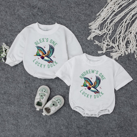 One Lucky Duck Birthday Romper for Baby Boy or Girl | Mallard Duck Bodysuit & Duckling Outfit, Fun Animal Birthday Gift