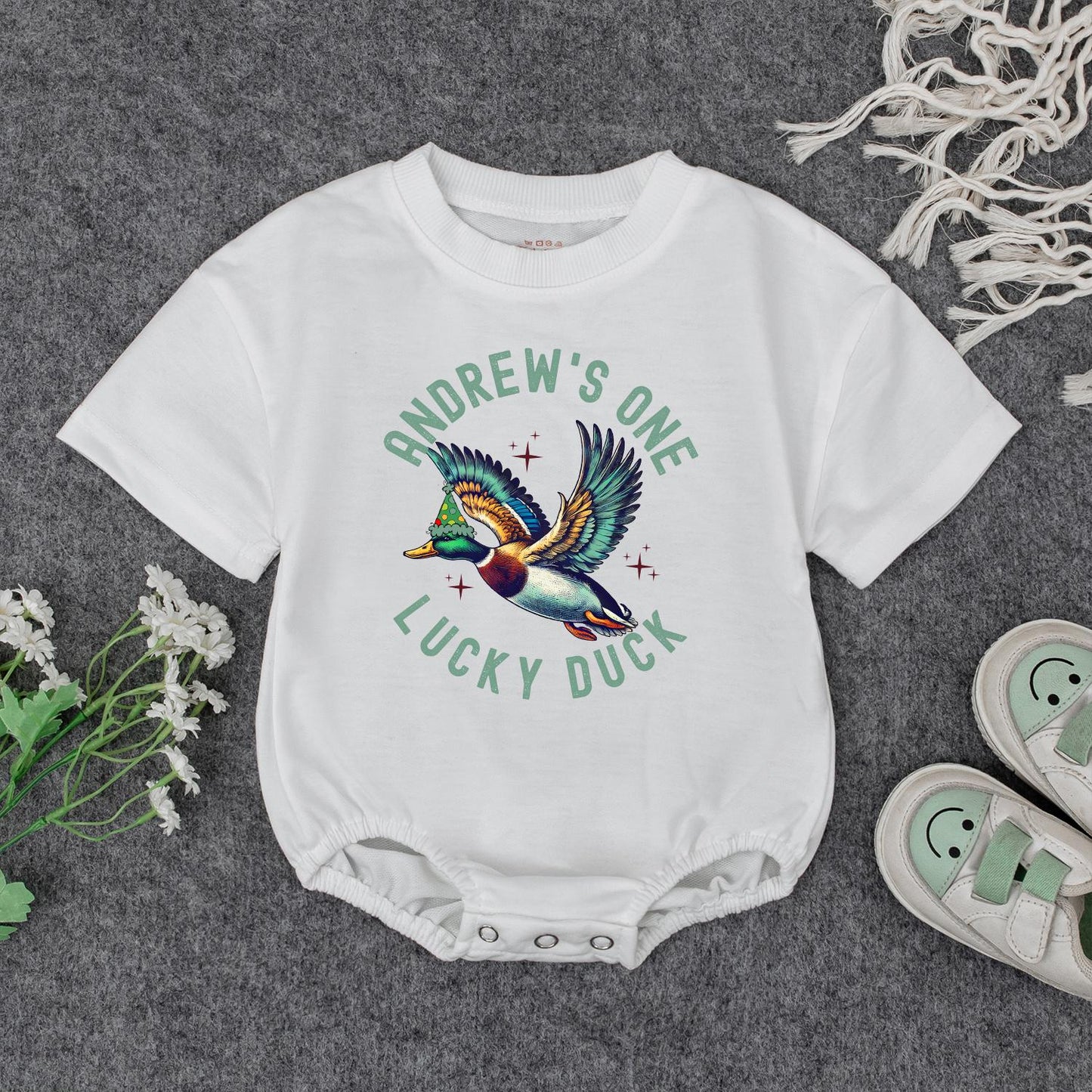 One Lucky Duck Birthday Romper for Baby Boy or Girl | Mallard Duck Bodysuit & Duckling Outfit, Fun Animal Birthday Gift