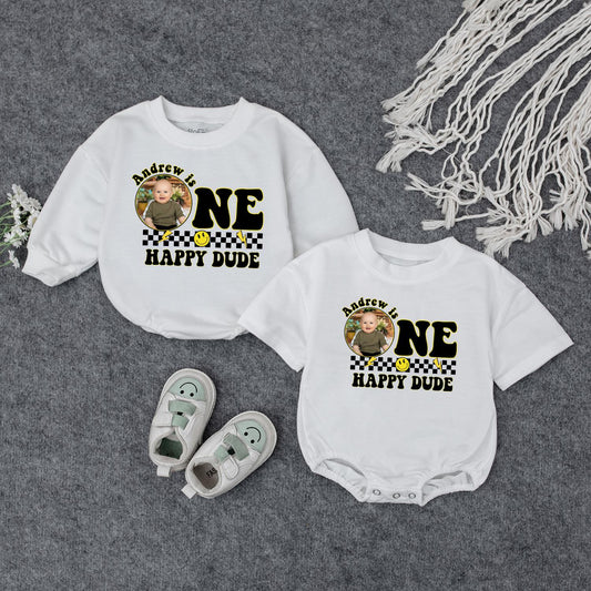 Andrew is ONE HAPPY DUDE First Birthday Romper Custom Photo Checkered Smile Face Baby Outfit Playful Celebration Personalized Birthday Gift Cute Clothes (139 chars)