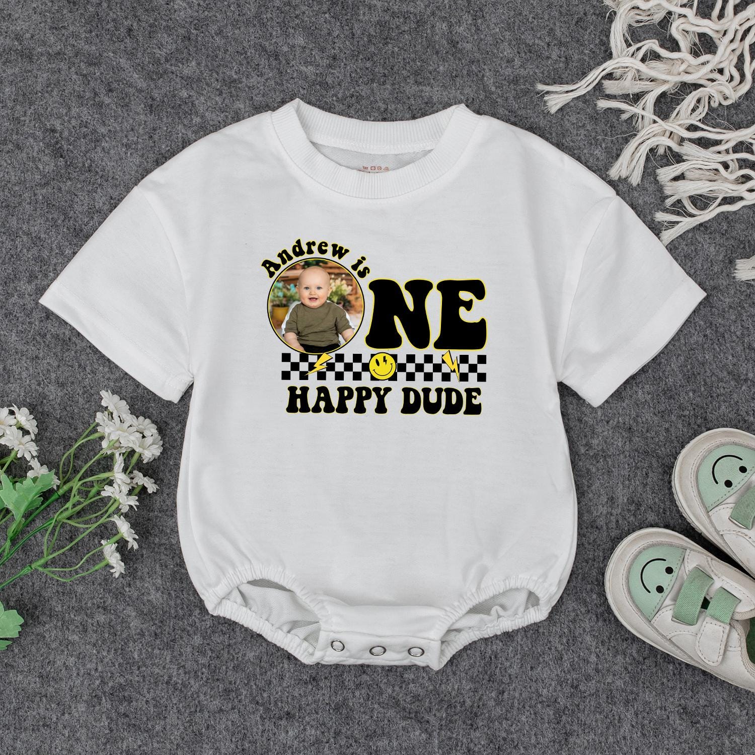 Andrew is ONE HAPPY DUDE First Birthday Romper Custom Photo Checkered Smile Face Baby Outfit Playful Celebration Personalized Birthday Gift Cute Clothes (139 chars)