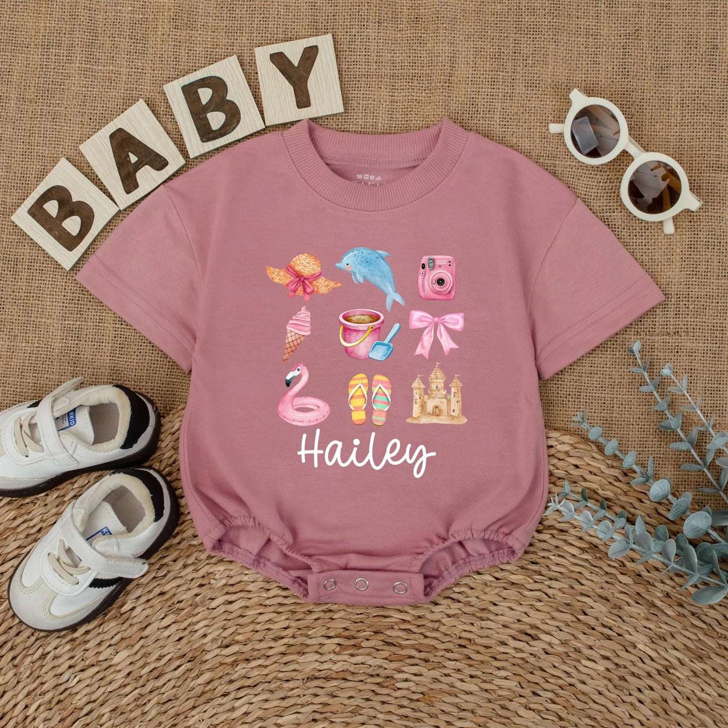 Personalized Name Summer Baby Bubble Romper Beach Outfit for Toddlers Girls Boys Soft Comfortable Newborn Baby Shower Birthday Gift