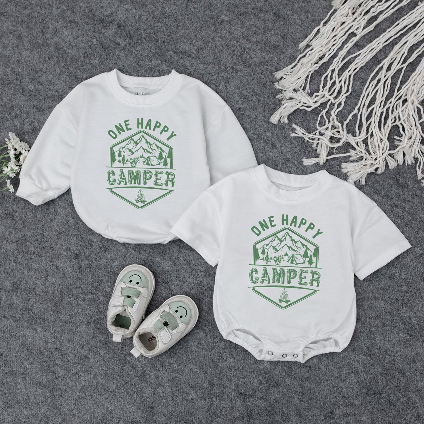 One Happy Camper Baby Romper First Birthday Outfit Cute Camping Design Mountain Tent Campfire Green Hexagon Triangle Modern Graphic Natural Cotton Comfortable Summer Gift Toddler