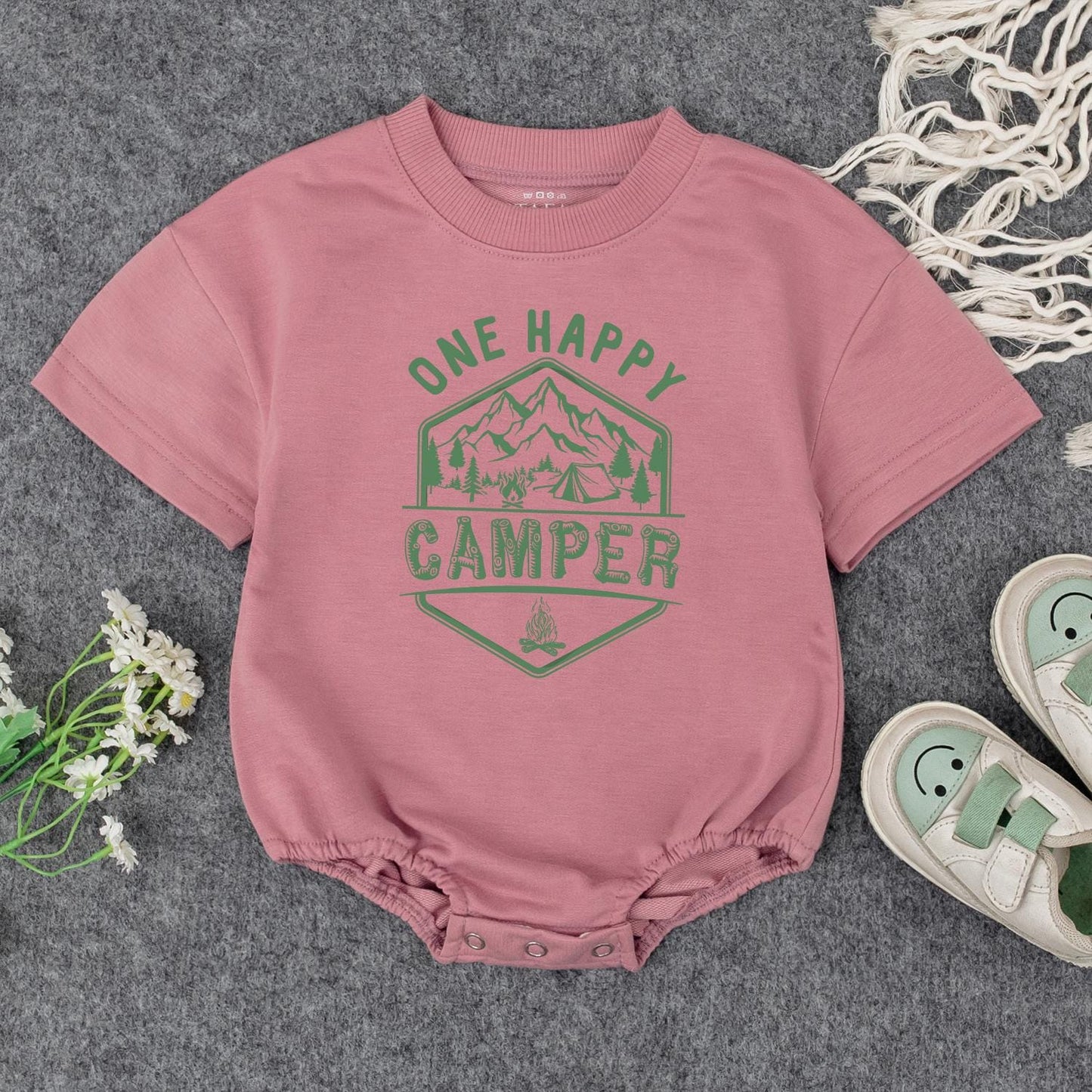 One Happy Camper Baby Romper First Birthday Outfit Cute Camping Design Mountain Tent Campfire Green Hexagon Triangle Modern Graphic Natural Cotton Comfortable Summer Gift Toddler