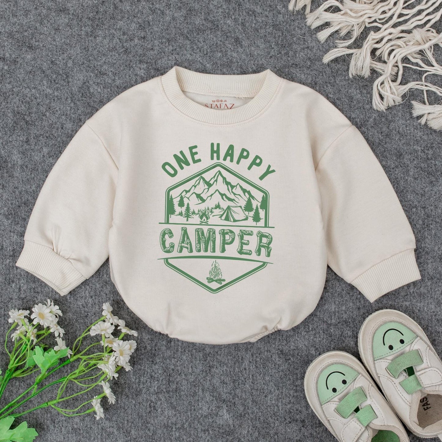 One Happy Camper Baby Romper First Birthday Outfit Cute Camping Design Mountain Tent Campfire Green Hexagon Triangle Modern Graphic Natural Cotton Comfortable Summer Gift Toddler