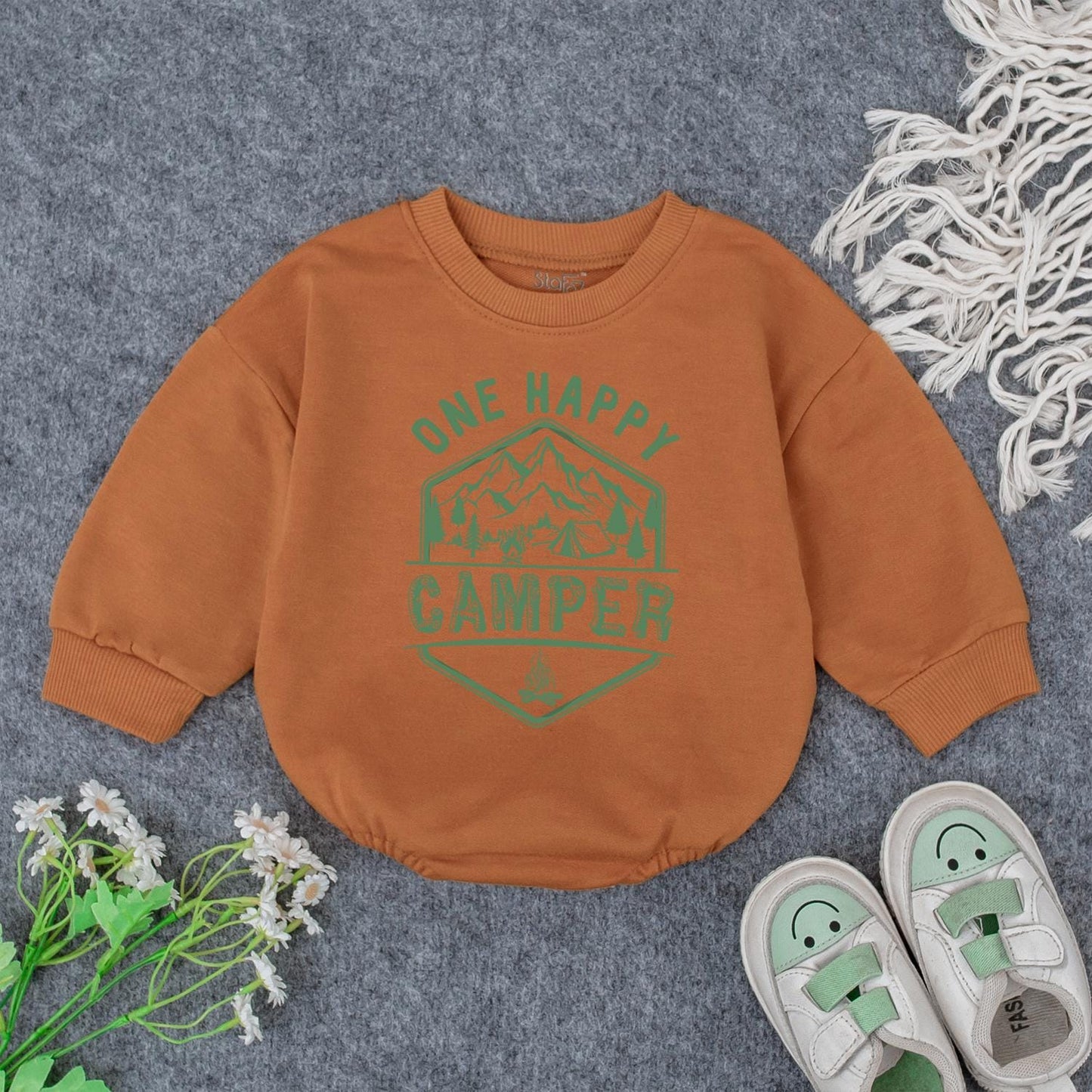 One Happy Camper Baby Romper First Birthday Outfit Cute Camping Design Mountain Tent Campfire Green Hexagon Triangle Modern Graphic Natural Cotton Comfortable Summer Gift Toddler