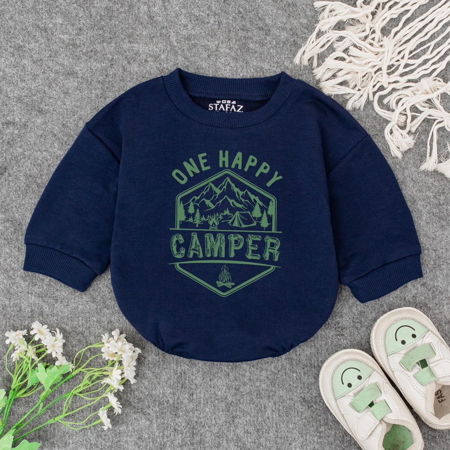 One Happy Camper Baby Romper First Birthday Outfit Cute Camping Design Mountain Tent Campfire Green Hexagon Triangle Modern Graphic Natural Cotton Comfortable Summer Gift Toddler