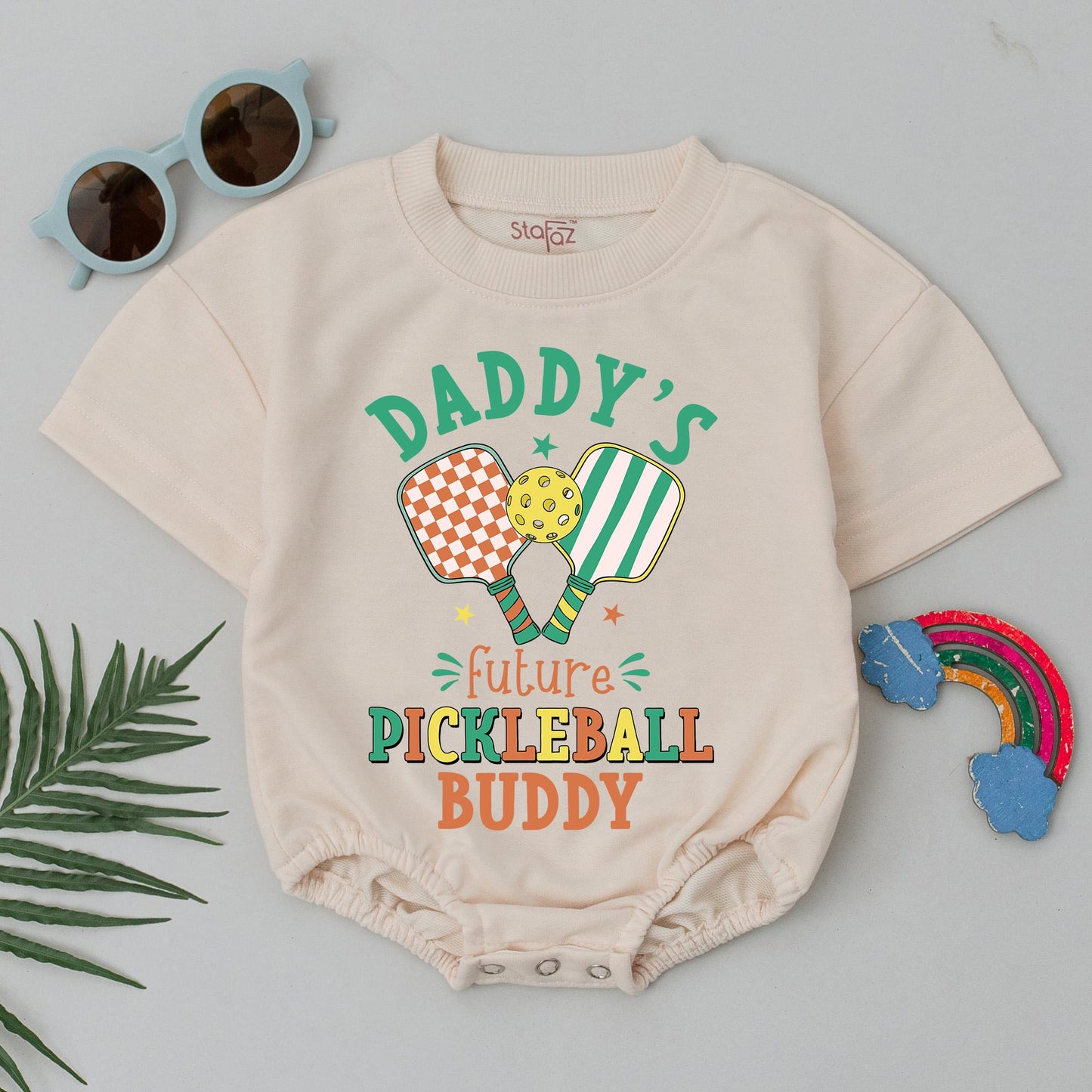 Daddy's Future Pickleball Buddy Romper Retro Baby Bodysuit Outfit Sporty Newborn Clothes Father's Day Gift Cute Green Orange Yellow Design 138 chars