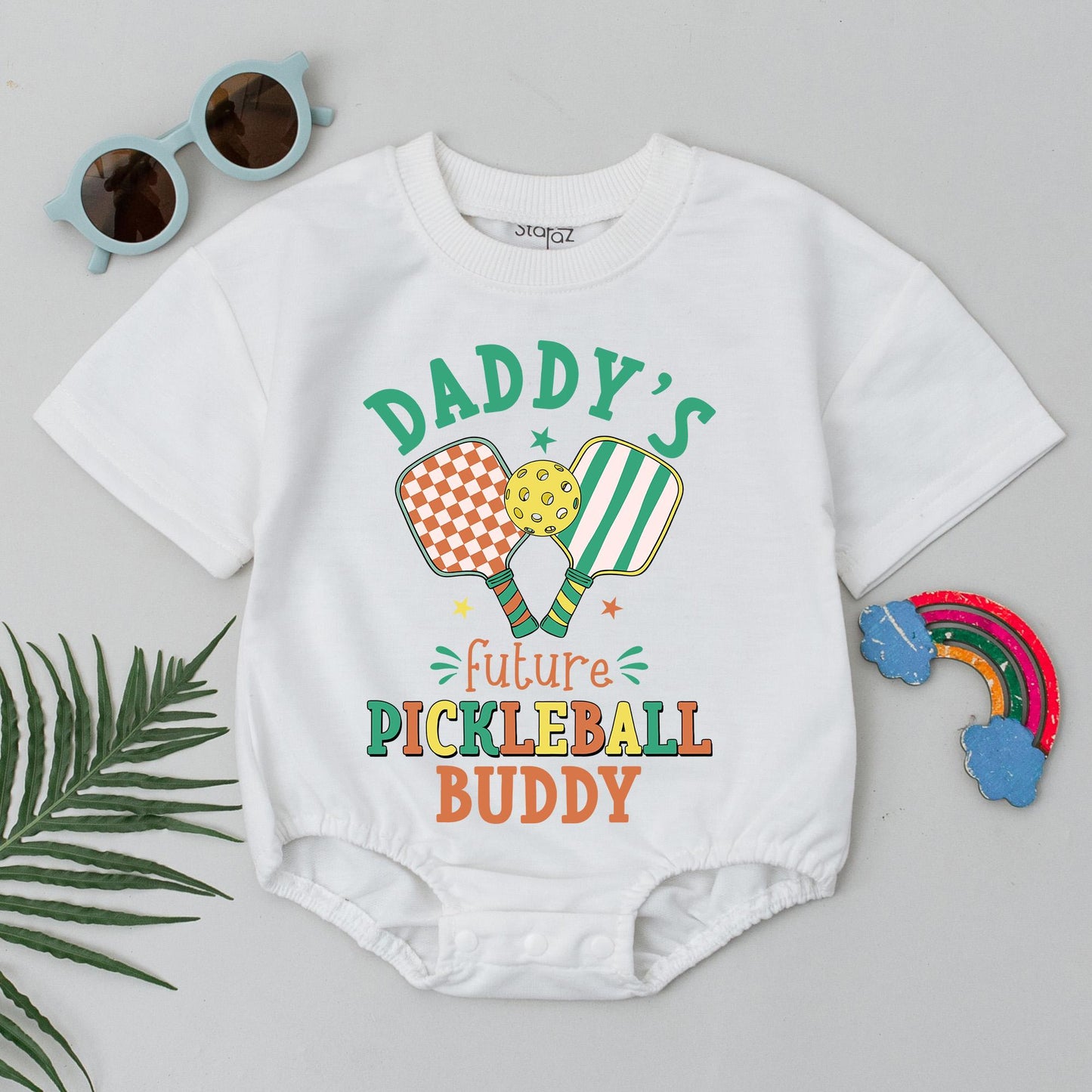 Daddy's Future Pickleball Buddy Romper Retro Baby Bodysuit Outfit Sporty Newborn Clothes Father's Day Gift Cute Green Orange Yellow Design 138 chars