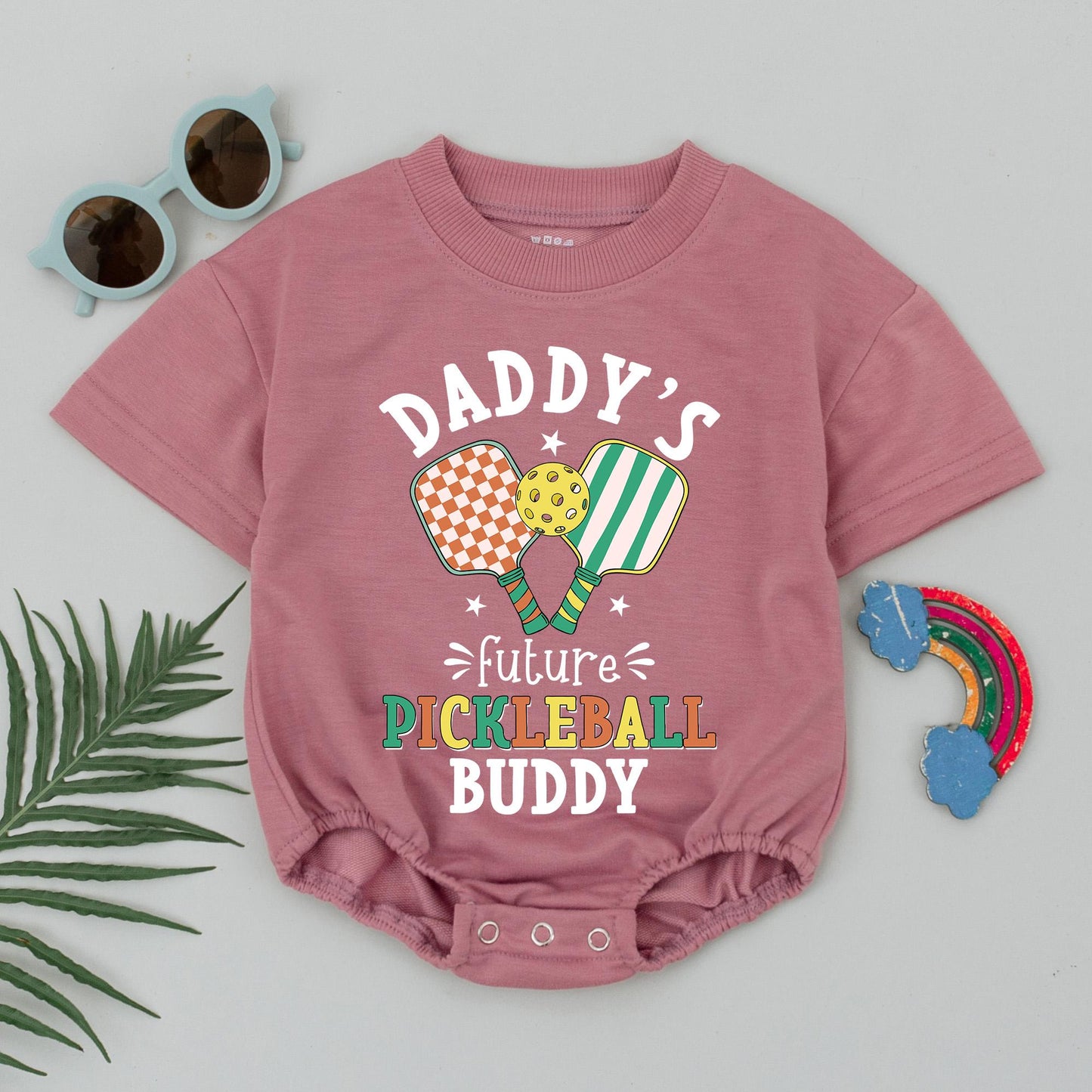 Daddy's Future Pickleball Buddy Romper Retro Baby Bodysuit Outfit Sporty Newborn Clothes Father's Day Gift Cute Green Orange Yellow Design 138 chars