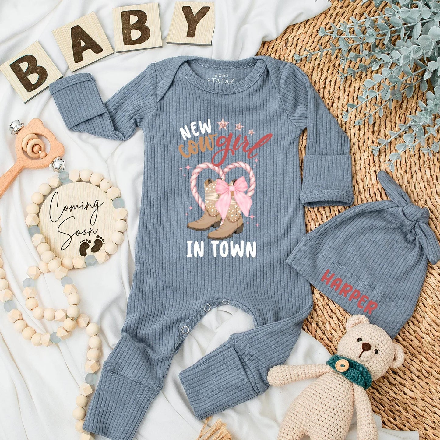 New Cowgirl in Town Baby Girl Bodysuit Cowboy Boots Western Baby Shower Gift Newborn Coming Home Outfit Personalized