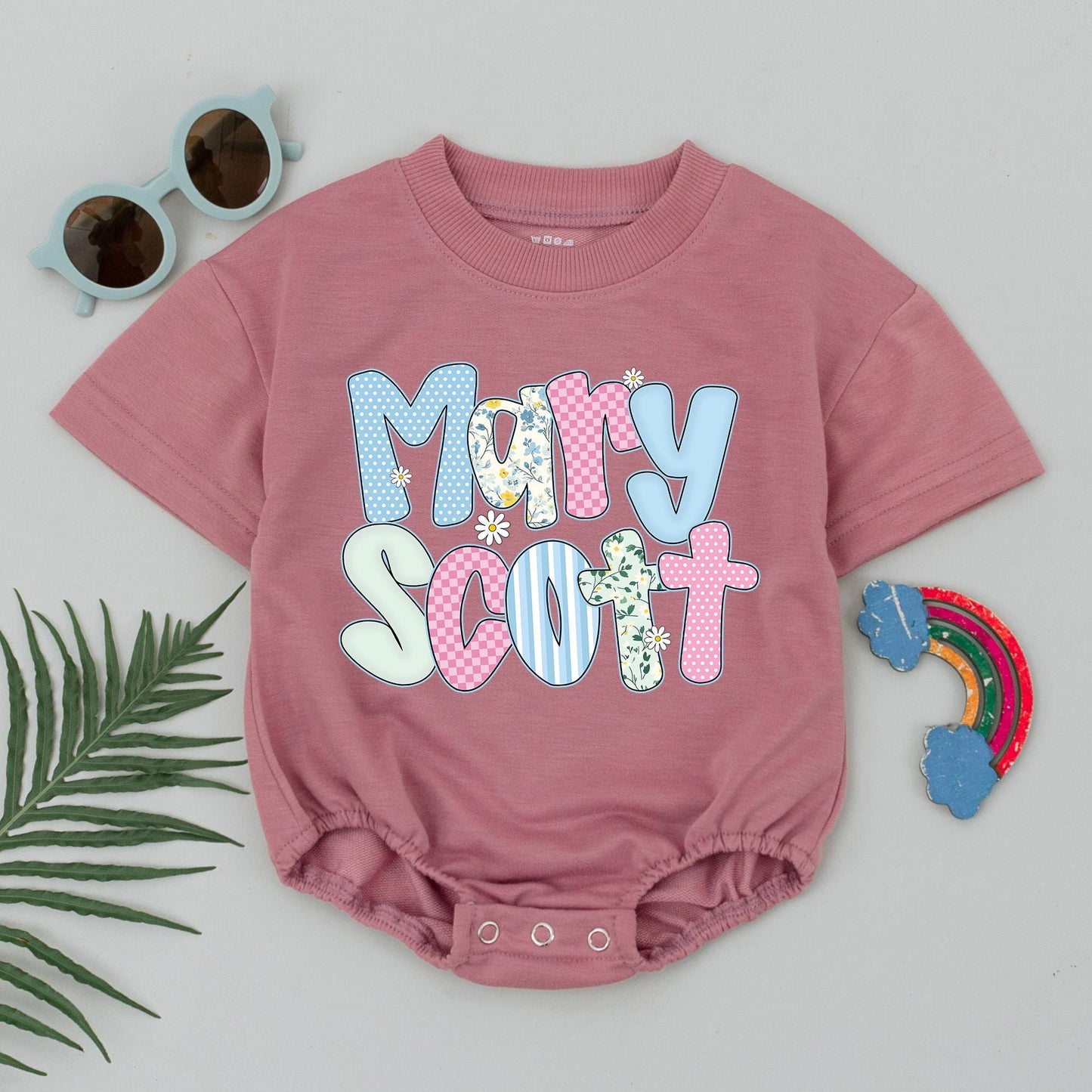 Personalized Mary Scott Baby Bubble Romper - Cute Floral Name Design, Summer Baby Girl Outfit, Custom Baby Shower Gift