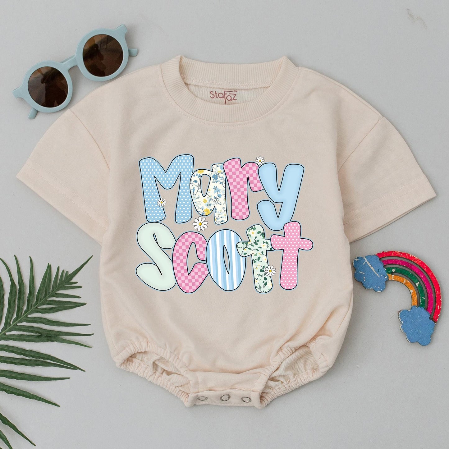 Personalized Mary Scott Baby Bubble Romper - Cute Floral Name Design, Summer Baby Girl Outfit, Custom Baby Shower Gift