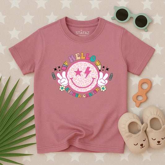Hello Kindergarten Smiley Face Shirt a joyful back to school outfit for toddlers kids on their first day of preschool or kindergarten comfy tee
