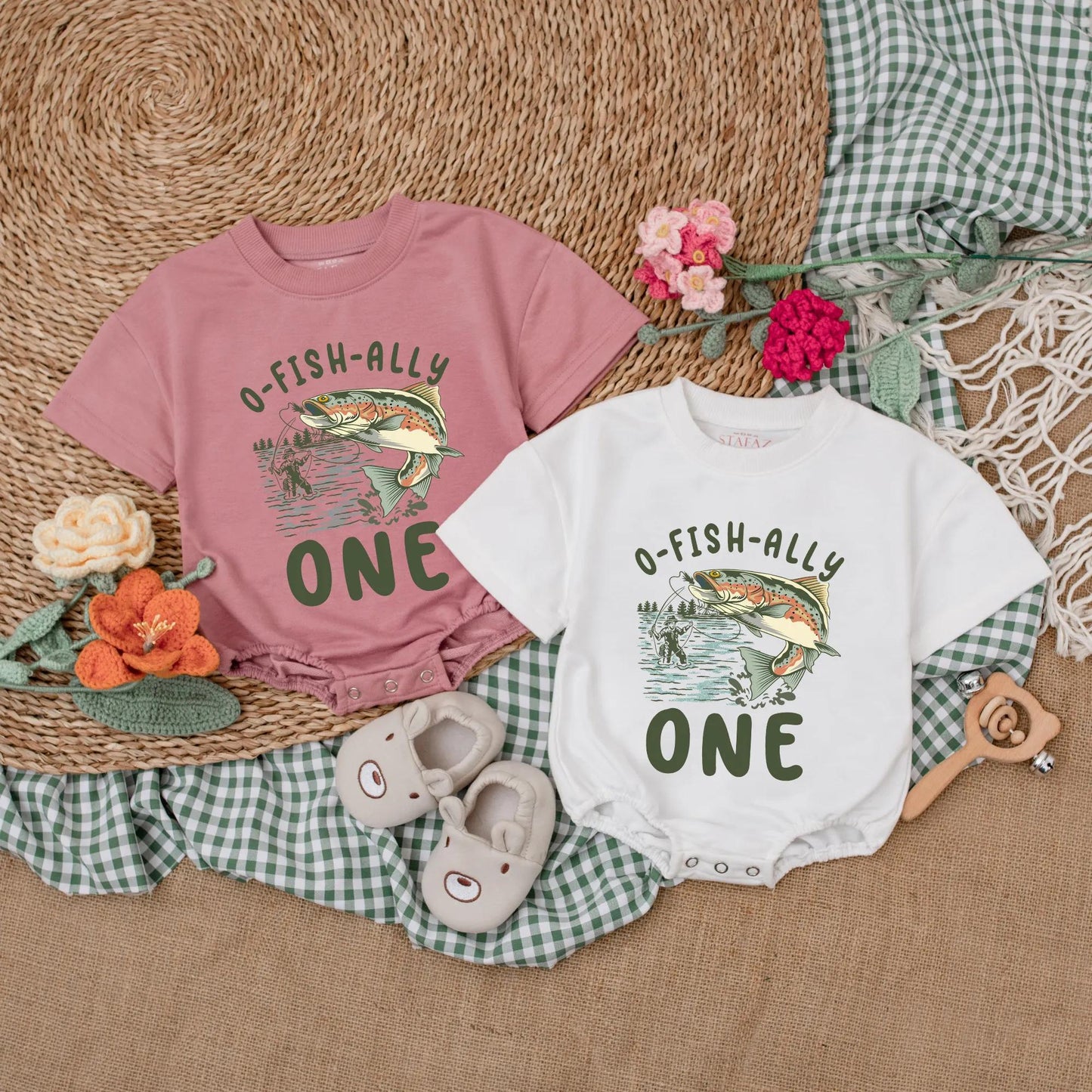 O-Fish-Ally One Fishing Birthday Romper for Baby Boy, Custom Name & Number Crawl Walk Fish Bodysuit Outfit, 1st Birthday