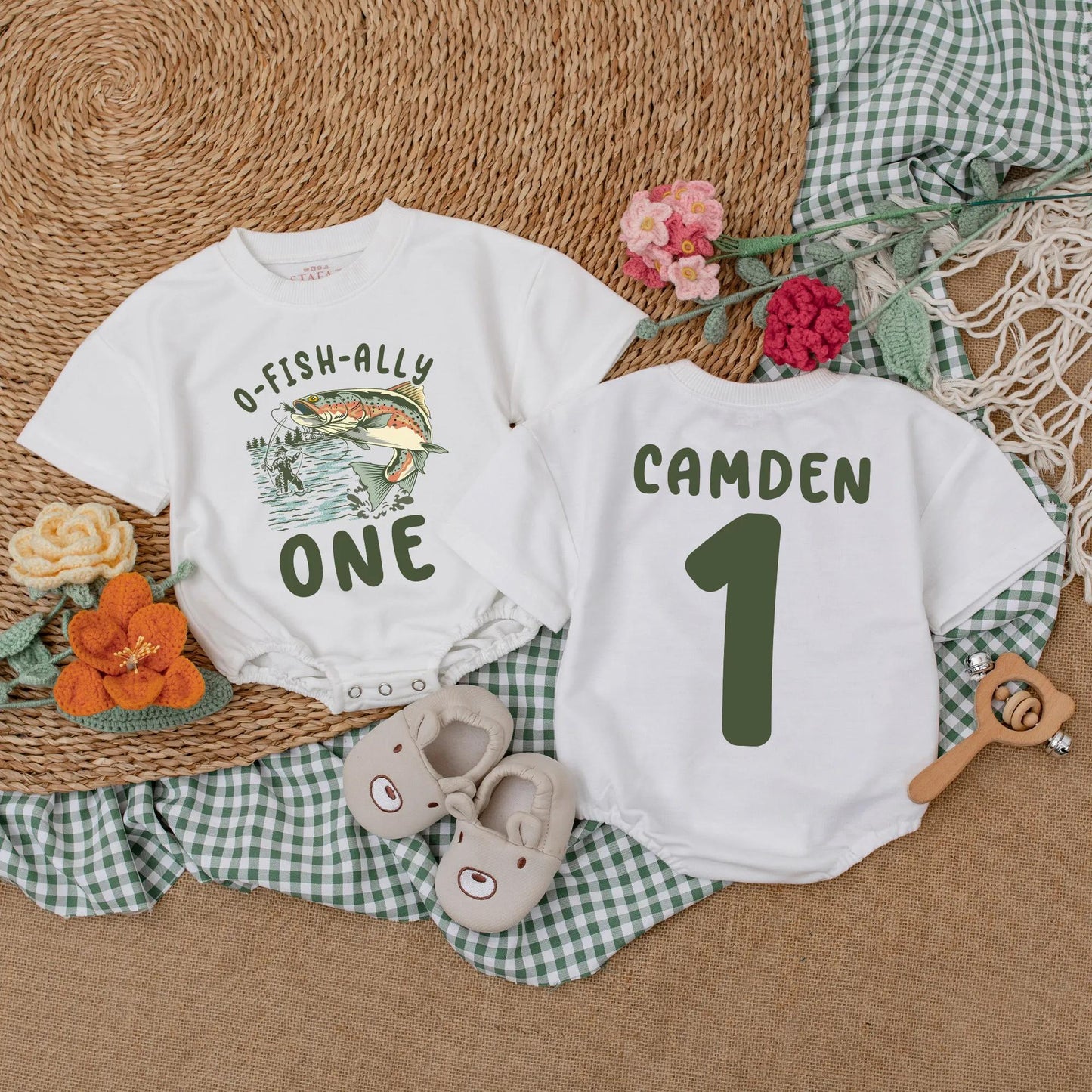 O-Fish-Ally One Fishing Birthday Romper for Baby Boy, Custom Name & Number Crawl Walk Fish Bodysuit Outfit, 1st Birthday