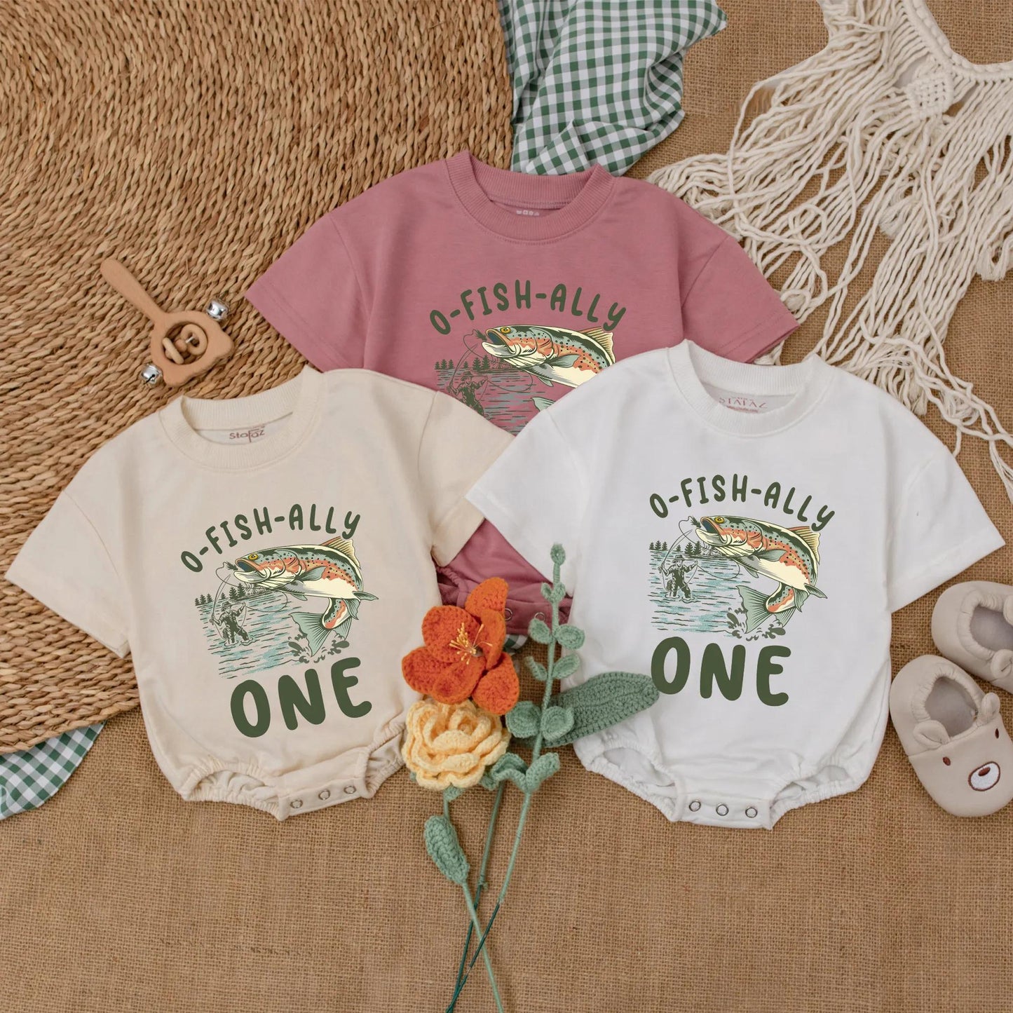 O-Fish-Ally One Fishing Birthday Romper for Baby Boy, Custom Name & Number Crawl Walk Fish Bodysuit Outfit, 1st Birthday