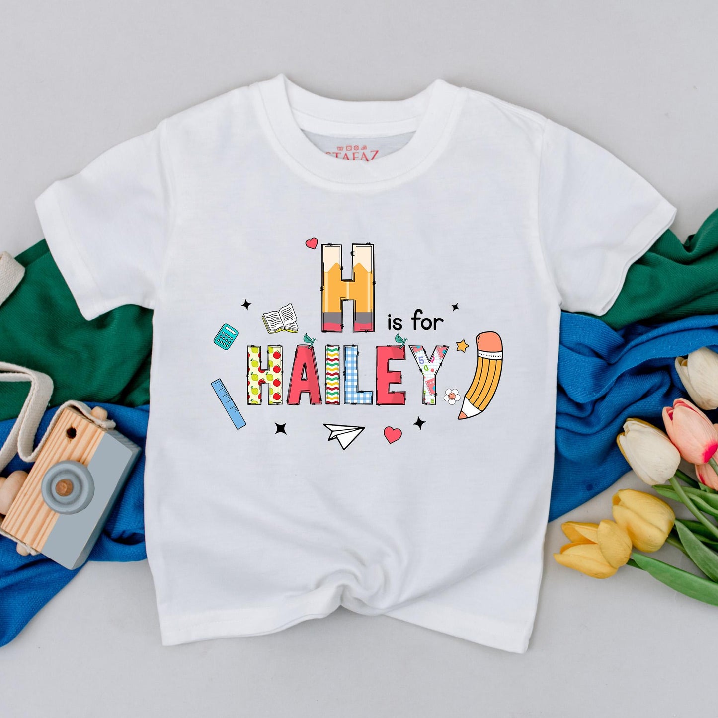 Personalized Kids Name Back To School T-Shirt First Day Outfit Cute Preschool Kindergarten Shirt H Is For Hailey Theme Whimsical