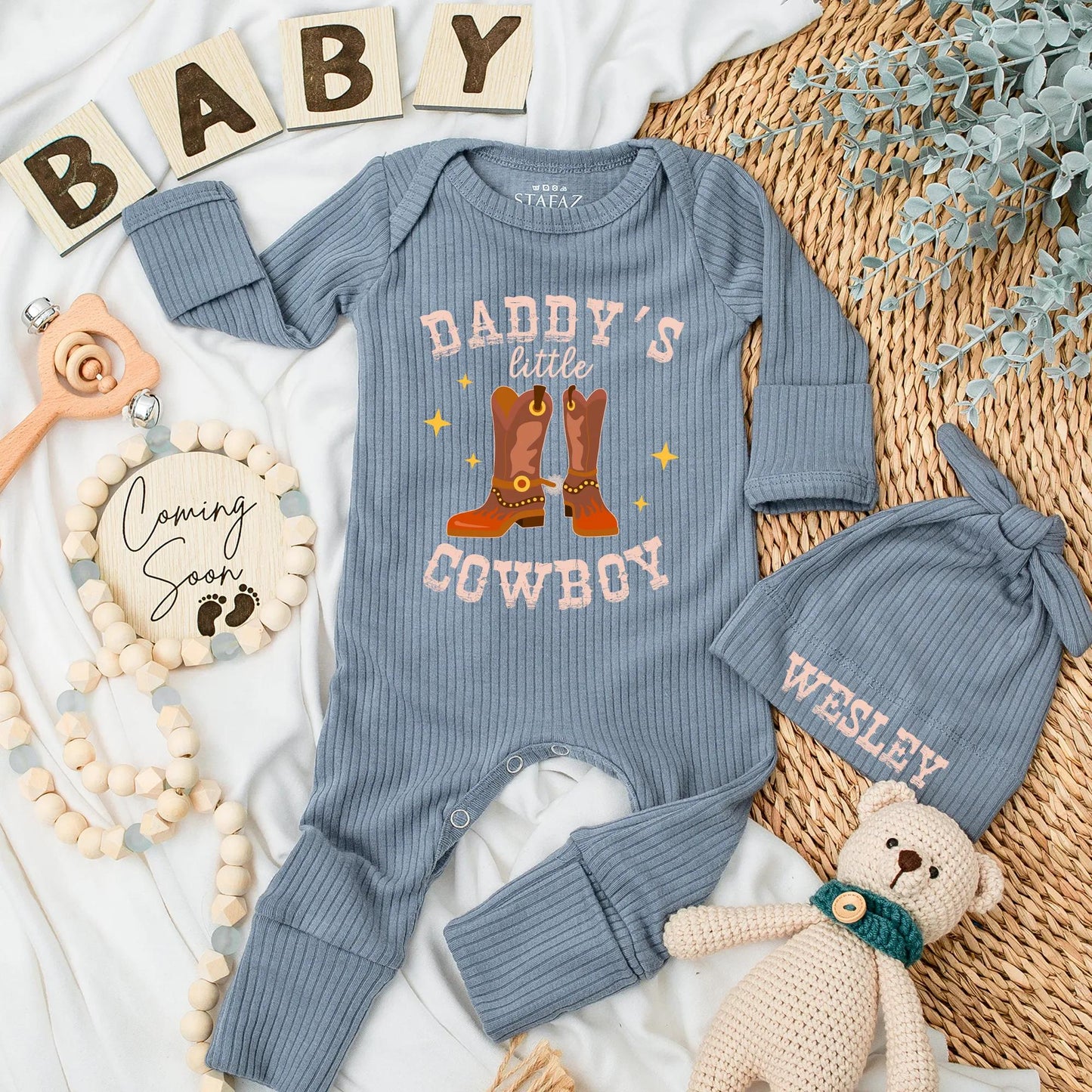 Daddy's Little Cowboy Bodysuit Western Baby Shower Gift Country Baby Clothes Newborn Outfit Rustic Theme Boots Stars Personalized Coming Home Outfit 139