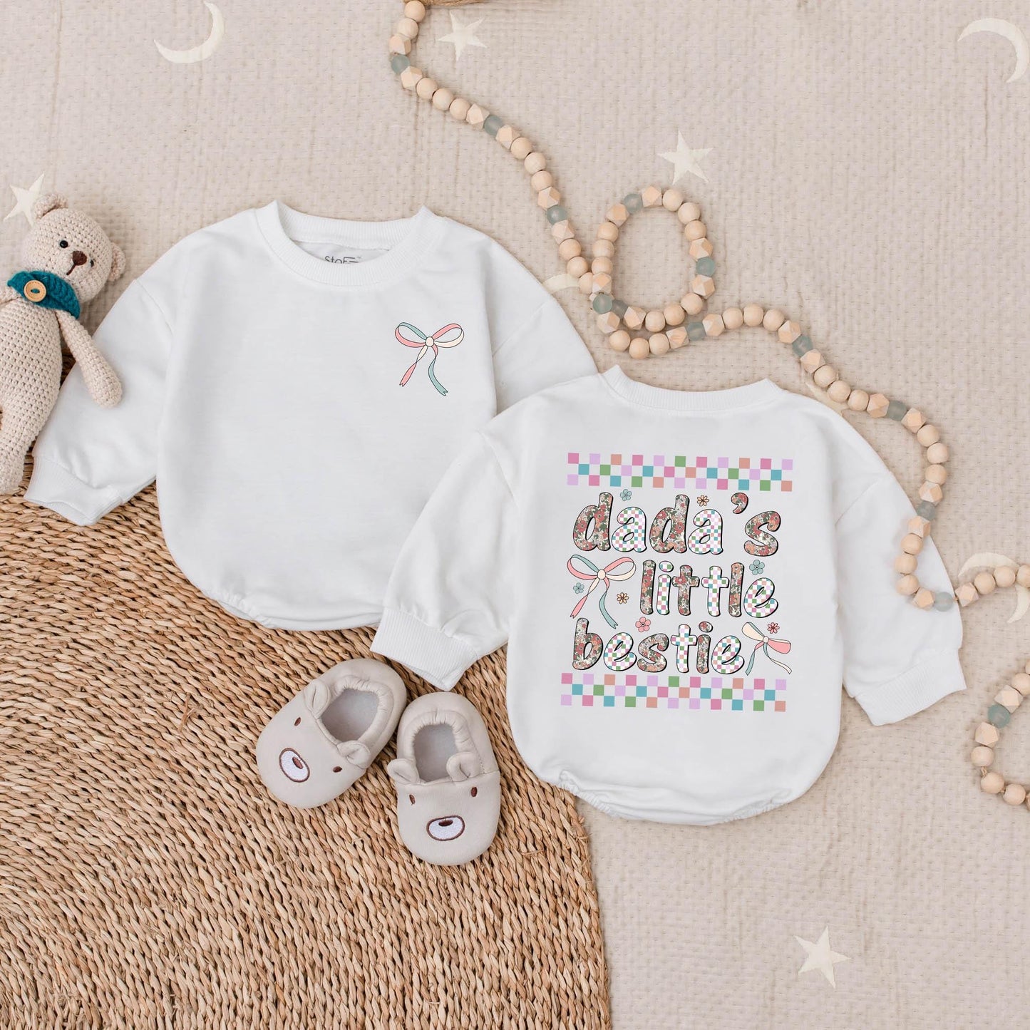 Dada's Little Bestie Bubble Romper Baby Girl Outfit, Pastel Checkerboard Floral Print Pink Blue Ribbon Accents Father's Day Gift Infant Clothes