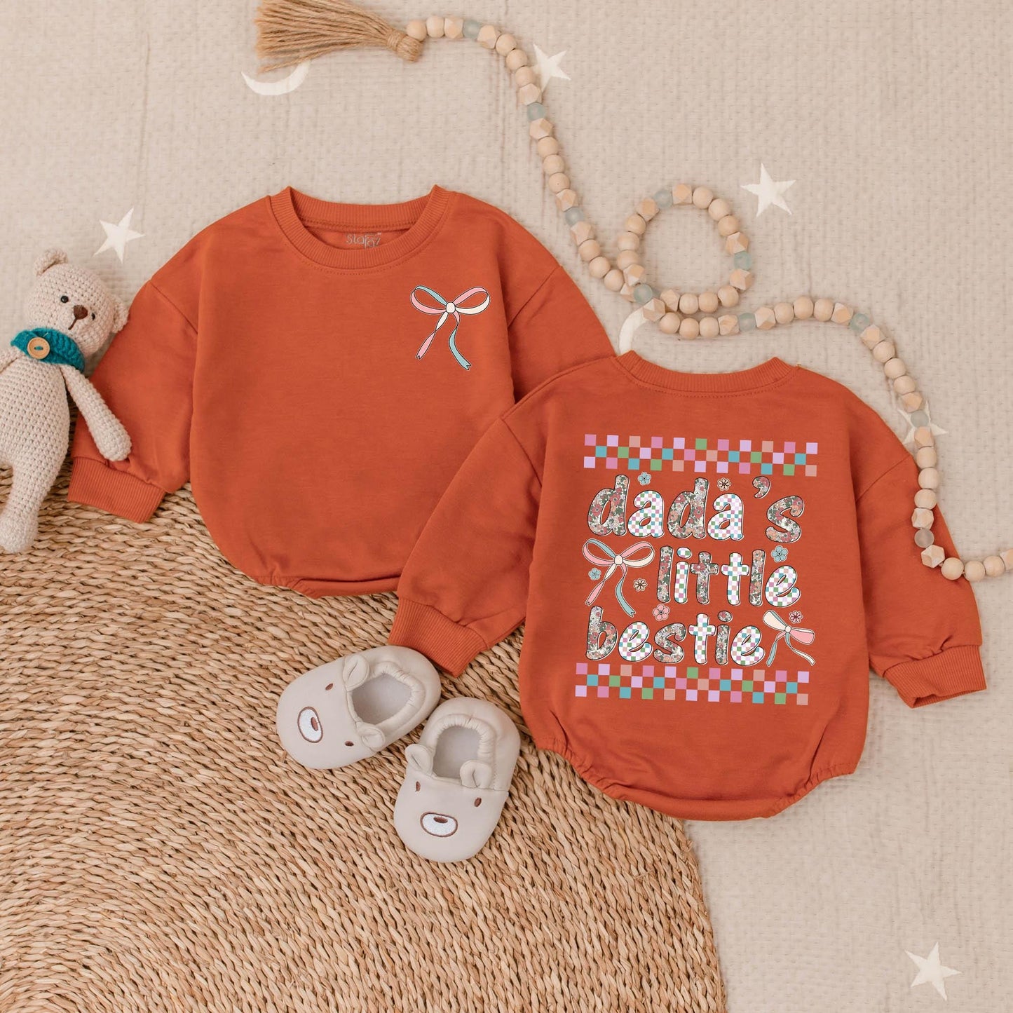 Dada's Little Bestie Bubble Romper Baby Girl Outfit, Pastel Checkerboard Floral Print Pink Blue Ribbon Accents Father's Day Gift Infant Clothes