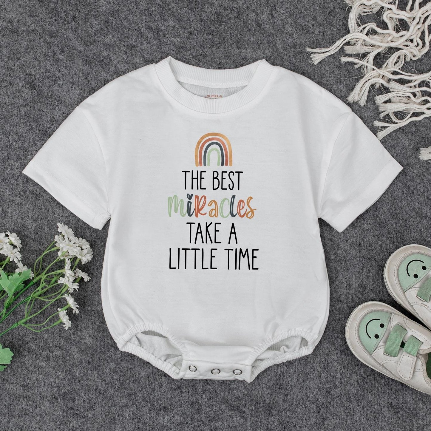 Miracles Take Time Baby Romper, Earth Tone Rainbow Bodysuit, IVF Baby Gift, Sweet Vintage Baby Announcement Outfit, Baby Shower Present (139 chars)