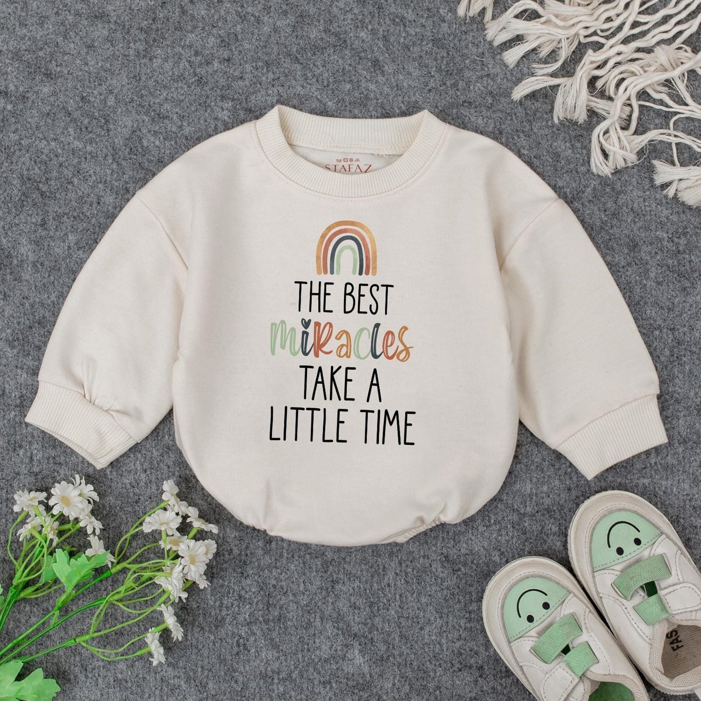 Miracles Take Time Baby Romper, Earth Tone Rainbow Bodysuit, IVF Baby Gift, Sweet Vintage Baby Announcement Outfit, Baby Shower Present (139 chars)