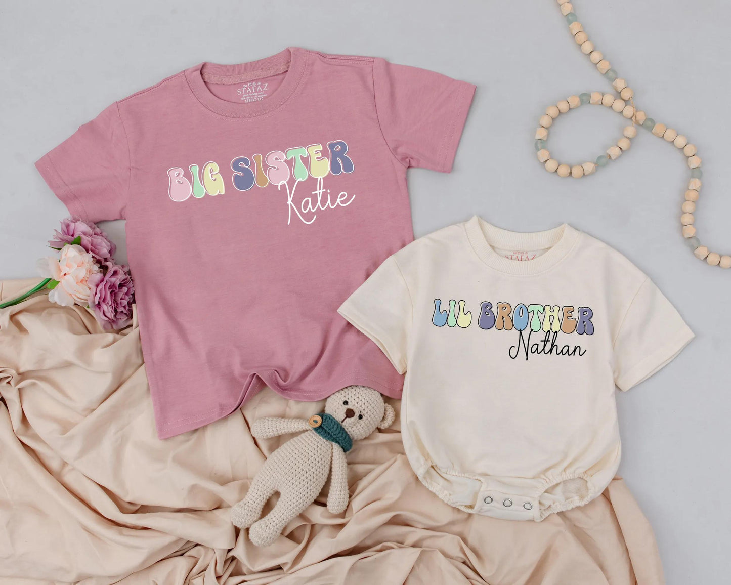 Big Sister Lil Brother Retro Pastel Outfit Custom Name Toddler Girl Baby Boy Matching Sibling Set Announcement Gender Reveal Gift