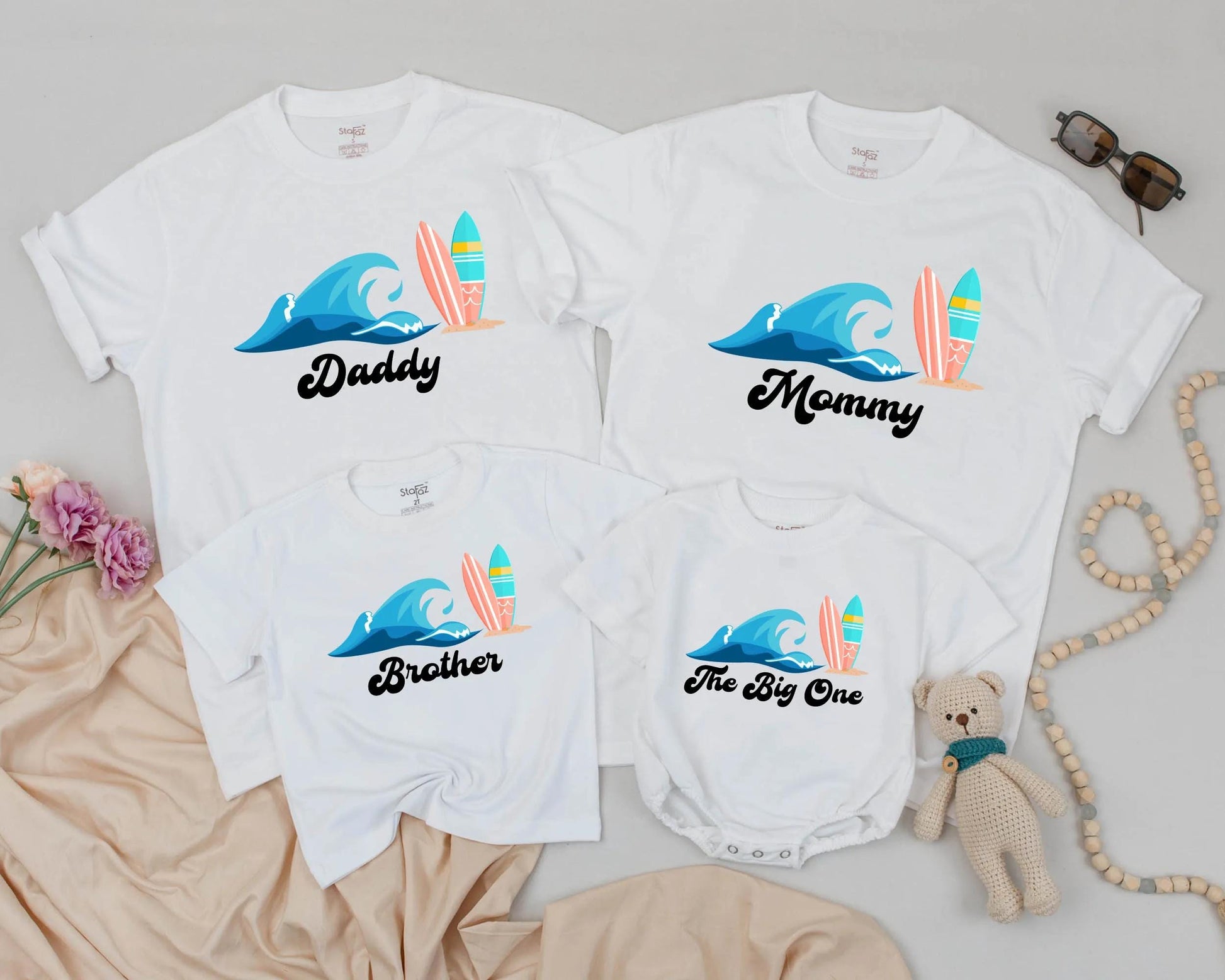 Personalized Matching Family Surf Shirts featuring Ocean Wave & Colorful Surfboards Summer Beach Vacation Birthday Outfit The Big One Theme Gift
