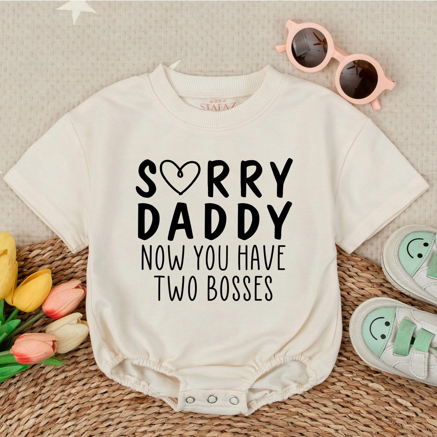 Sorry Daddy Two Bosses Romper Funny Baby Outfit First Father Day Gift Short Sleeve Announcing New Baby Coming Home Outfit