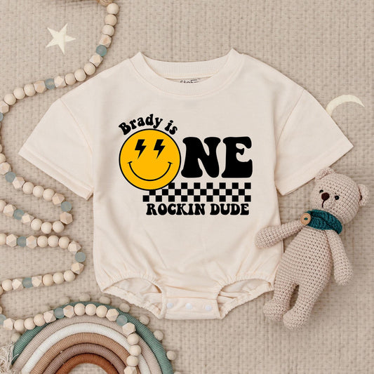 One Rockin Dude Personalized Birthday Romper, Retro Smiley Face First Birthday Outfit, Custom Name Checkered Baby Boy Gift, Groovy ONE Babysuit 138 chars