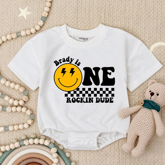One Rockin Dude Personalized Birthday Romper, Retro Smiley Face First Birthday Outfit, Custom Name Checkered Baby Boy Gift, Groovy ONE Babysuit 138 chars