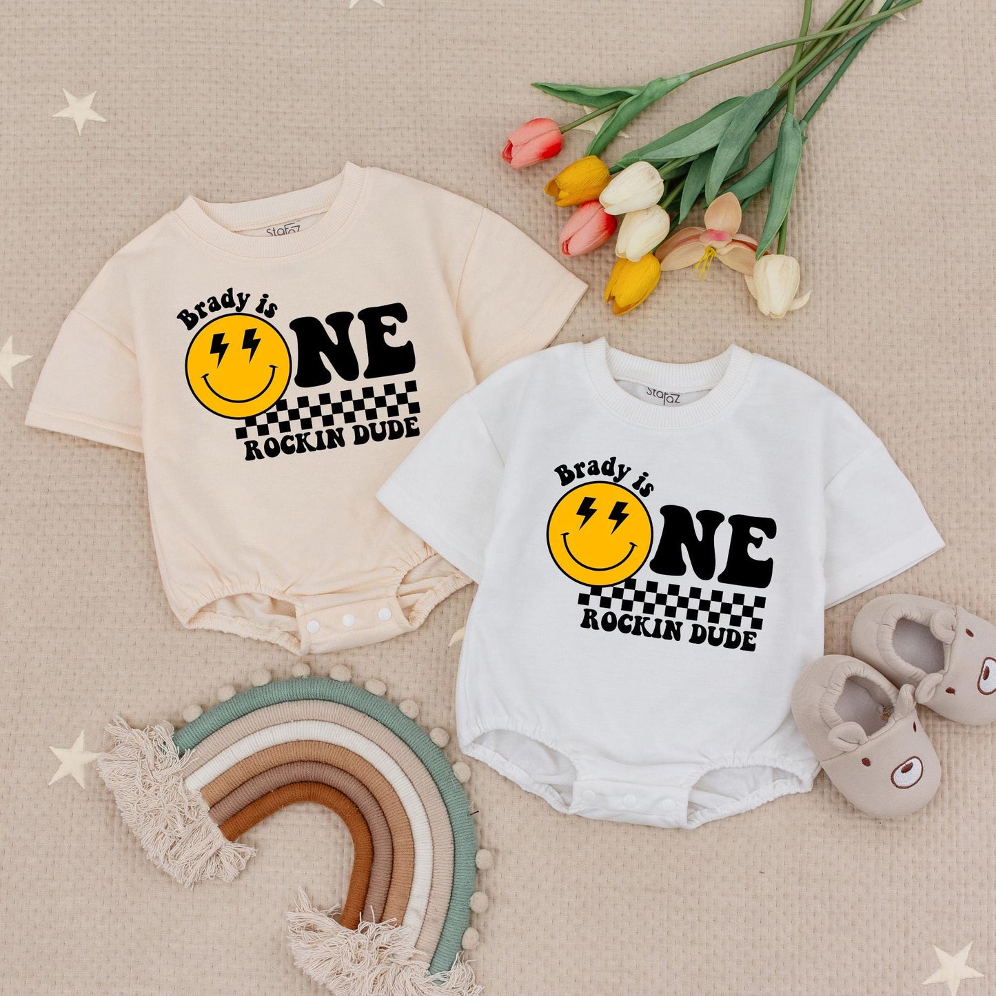 One Rockin Dude Personalized Birthday Romper, Retro Smiley Face First Birthday Outfit, Custom Name Checkered Baby Boy Gift, Groovy ONE Babysuit 138 chars