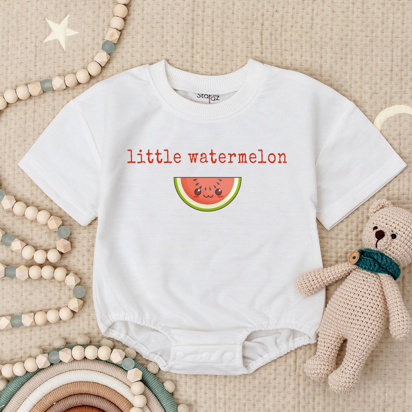 Little Watermelon Baby Romper, Smiling Fruit Bodysuit for Summer Fun! Cute Minimalist Design, Vegan Baby Shower Gift, Soft Cotton Babysuit 134 chars